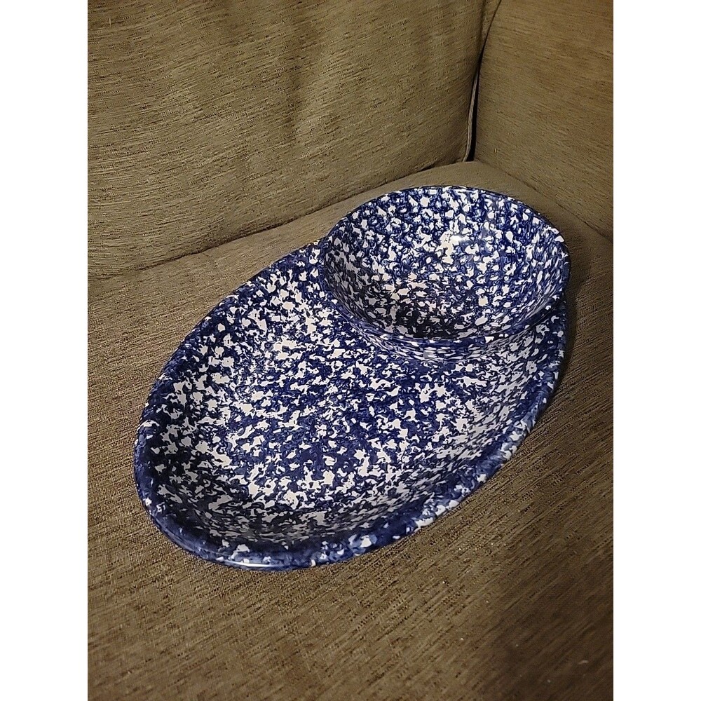 Vtg Italian Ceramic Spongeware Serving Platter And Bowl, Cobalt Blue and White